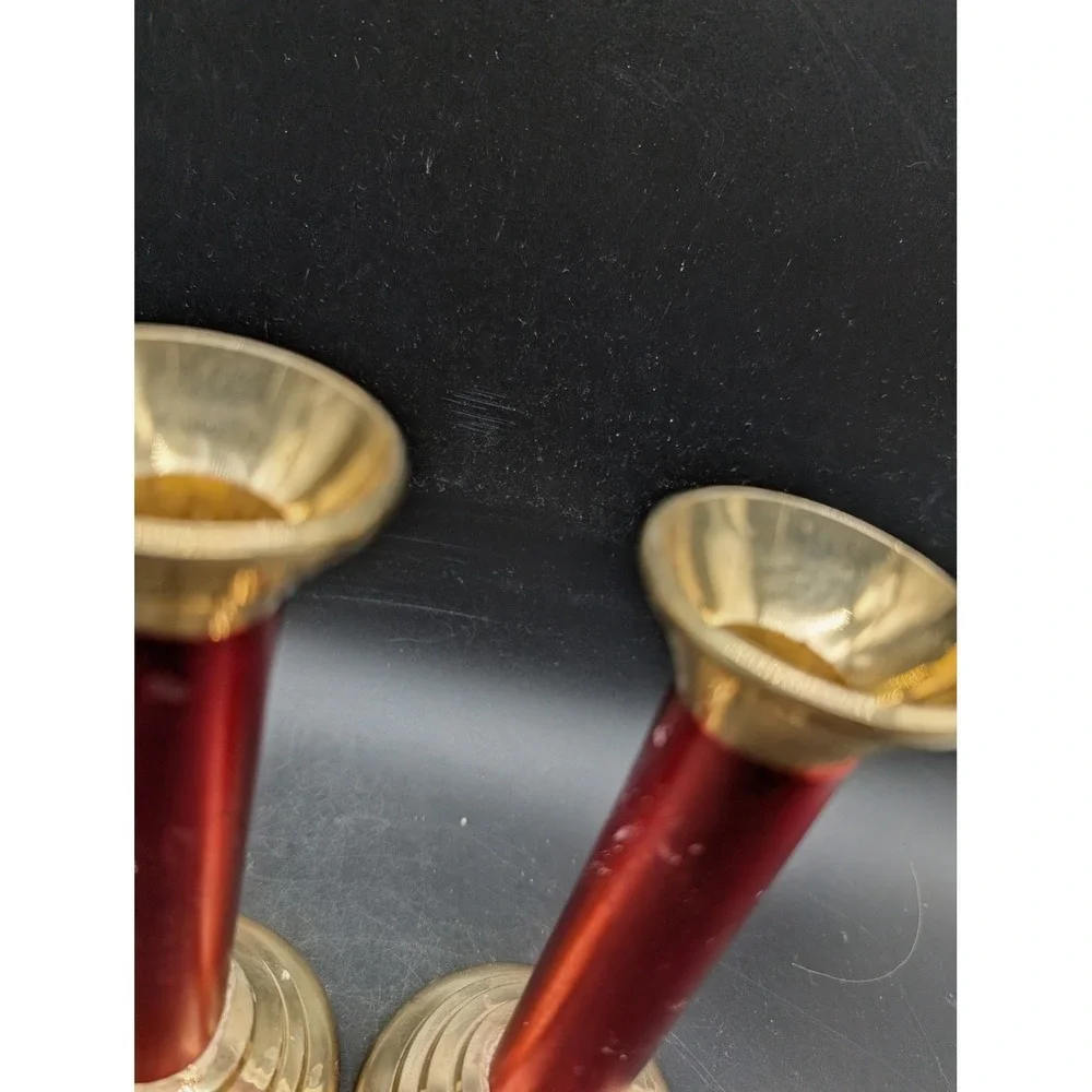 Vintage Brass Red Column Candlestick Holders Pair Mid Century Modern Gold Red 4